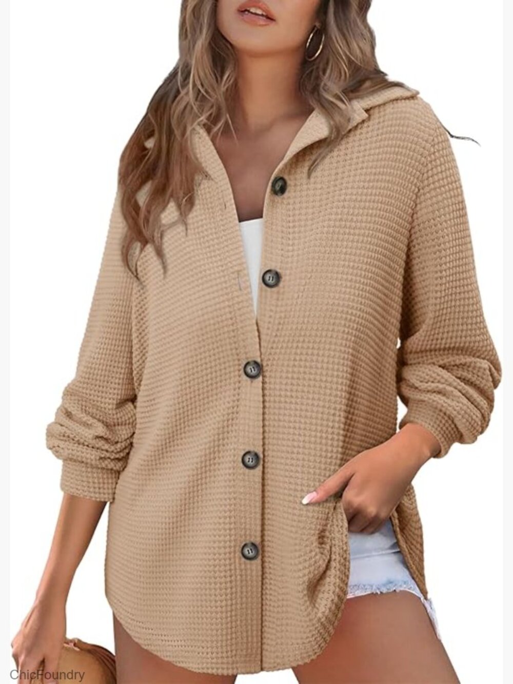 Long Sleeve V-Neck Waffle Knit Sweatshirt, Regular Fit, Lightweight Polyester